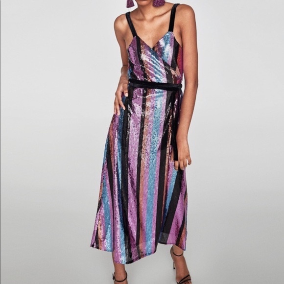 SOLD Zara Sequin Stripe Midi Wrap Dress, Sz Small - Picture 6 of 16